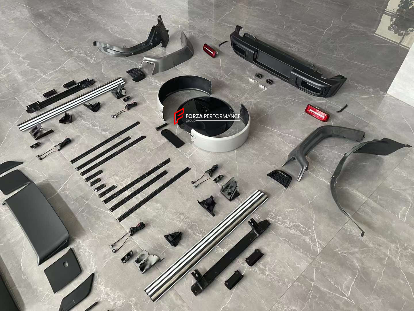 BODY KIT for SUZUKI JIMNY JB64 2019  Set includes:  Hood Front Grille Front Bumper Front Bumper Grille Headlights Headlight Covers Turn Signals Turn Signal Covers Fender Flares Roof LED Bar Mirrors Side Fenders Side Skirts Side Trims Rear Bumper Tail Lights Spare Tire Cover