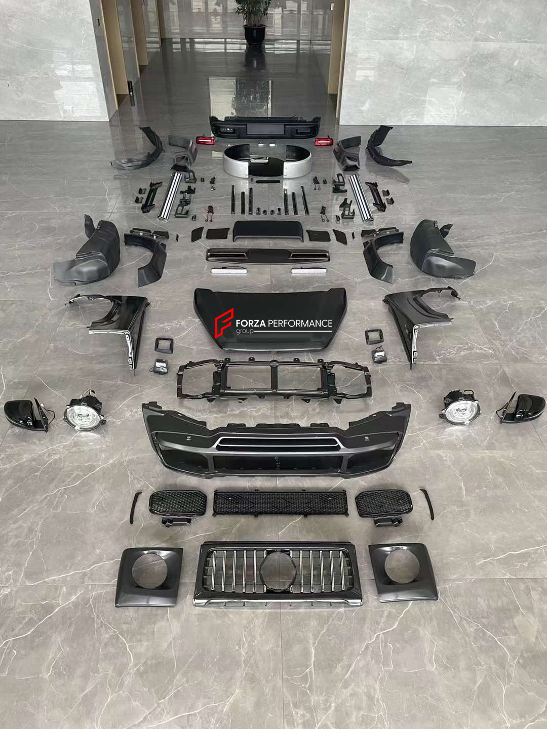 BODY KIT for SUZUKI JIMNY JB64 2019  Set includes:  Hood Front Grille Front Bumper Front Bumper Grille Headlights Headlight Covers Turn Signals Turn Signal Covers Fender Flares Roof LED Bar Mirrors Side Fenders Side Skirts Side Trims Rear Bumper Tail Lights Spare Tire Cover