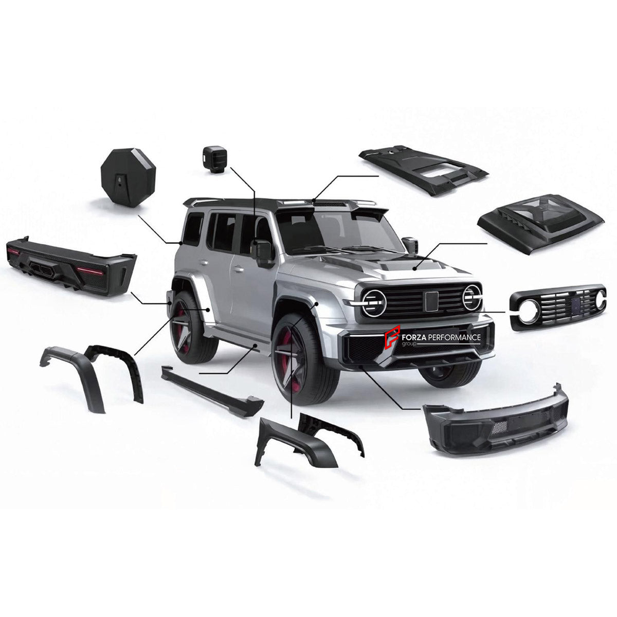 BODY KIT for TANK 300 2020+ FORZA PERFORMANCE custom fit Mars Style

Set includes:
Front Bumper Assembly
Front Grille
Hood Bonnet
Front Fender Flares
Hardtop Roof
Side Mirror Covers
Side Skirts
Rear Fender Flares
Rear Bumper Assembly
Spare Wheel Tire Cover

Material: Plastic

NOTE: Professional installation is required.