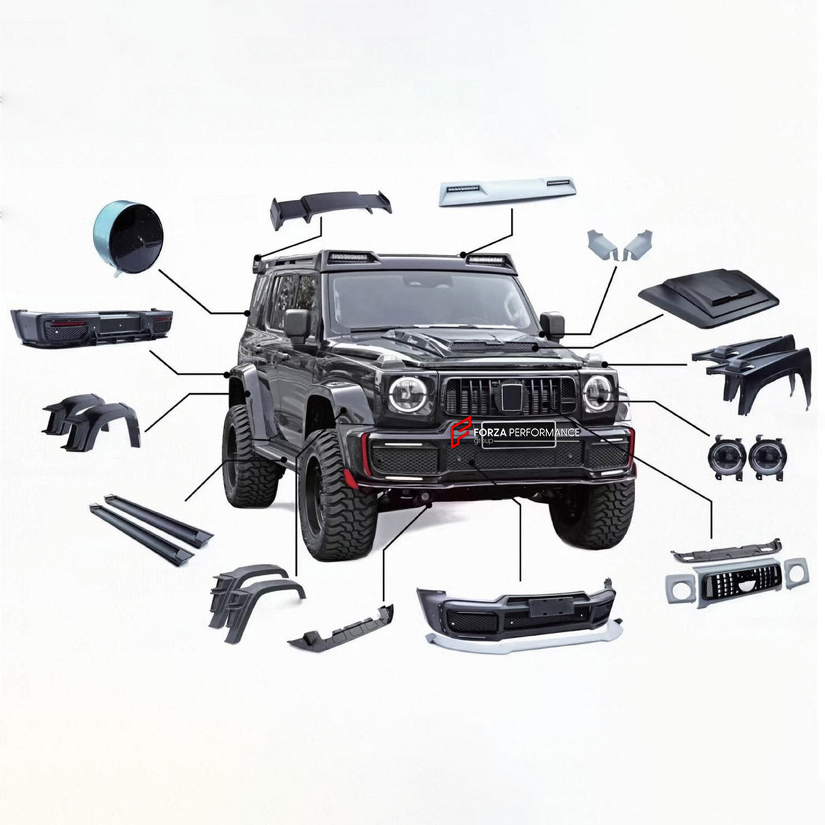 BODY KIT for TANK 300 2020+ FORZA PERFORMANCE custom fit G-Class Style

Set includes:
Front Lip
Front Bumper Assembly
Front Grille
Headlights
Headlight Washer Covers
Hood Bonnet
Front Fenders
Front Fender Flares
Roof Light Bar
Side Skirts
Roof Spoiler
Rear Fender Flares
Rear Bumper Assembly
Spare Wheel Tire Cover

Material: Plastic

NOTE: Professional installation is required.