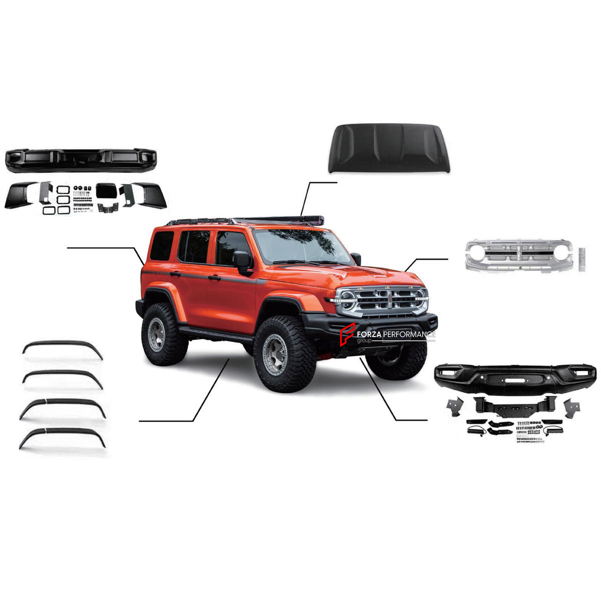 BODY KIT for TANK 300 2020+ FORZA PERFORMANCE custom fit Suzaku Style

Set includes:
Front Bumper Assembly
Front Grille
Hood Bonnet
Fender Flares
Rear Bumper Assembly

Material: Plastic

NOTE: Professional installation is required.
