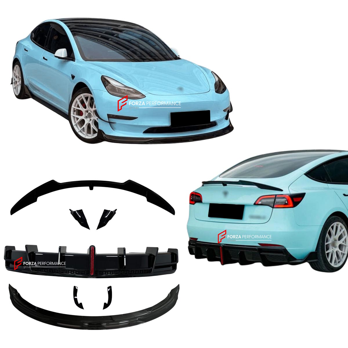BODY KIT for TESLA MODEL 3 2017 - 2023 FORZA PERFORMANCE Custom fit Dry Carbon VTEN Design Style
Set includes:

One Piece Front Lip
Front Bumper Canards
Rear Lip
Rear Corners
Rear Spoiler
Material: Plastic

NOTE: Professional installation is required.