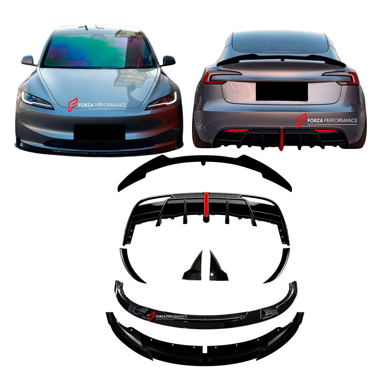 BODY KIT for TESLA MODEL 3 HIGHLAND 2023+ FORZA PERFORMANCE Custom fit Dry Carbon VTEN Design Style
Set includes:

One Piece Front Lip
Front Lip (no drill installation)
Front Bumper Canards
Side Skirts
Rear Lip
Rear Corners
Rear Spoiler
Material: Plastic

NOTE: Professional installation is required.