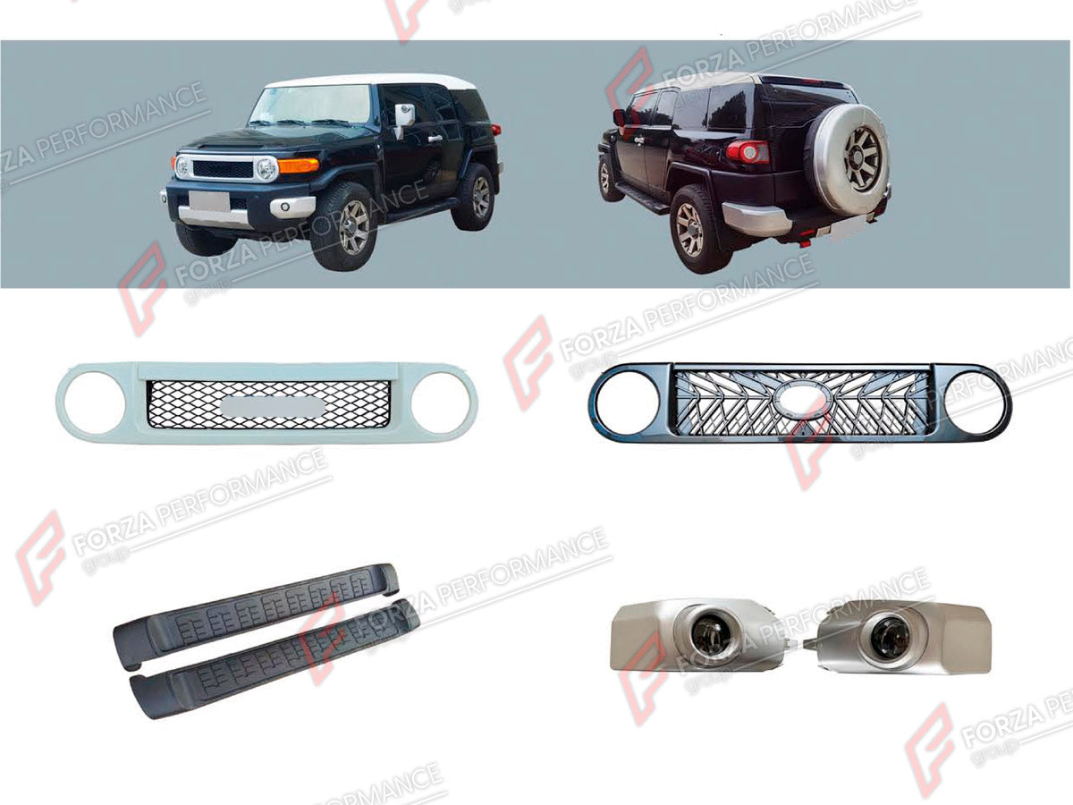 BODY KIT for TOYOTA FJ CRUISER 2007 - 2023 FORZA PERFORMANCE custom fit TRD Style

Set includes:
Front Grille
Side Steps
Fog Lights
Fog Lights Covers

Material: Plastic

NOTE: Professional installation is required.