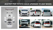 BODY KIT for TOYOTA HIACE VI H300 2019+
Set includes:
Front Lip
Front Bumper Assembly
Grille
Headlights
Hood / Bonnet
Front Fenders
Side Skirts
Tail Lights
Rear Bumper
Rear Diffuser
Exhaust Tips
Material: PP Plastic
Note: Professional installation is required.