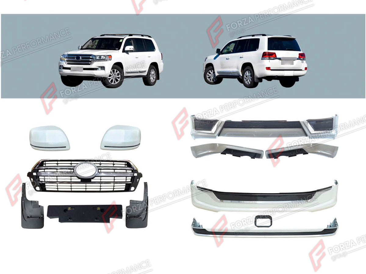 BODY KIT for TOYOTA LAND CRUISER 200 FACELIFT 2015 - 2023 FORZA PERFORMANCE custom fit TRD Style
Set includes:

Front Bumper Assembly
Front Grille
License Plate
Side Mirror Covers
Rear Bumper Assembly
Exhaust Tip
Material: Plastic

NOTE: Professional installation is required.