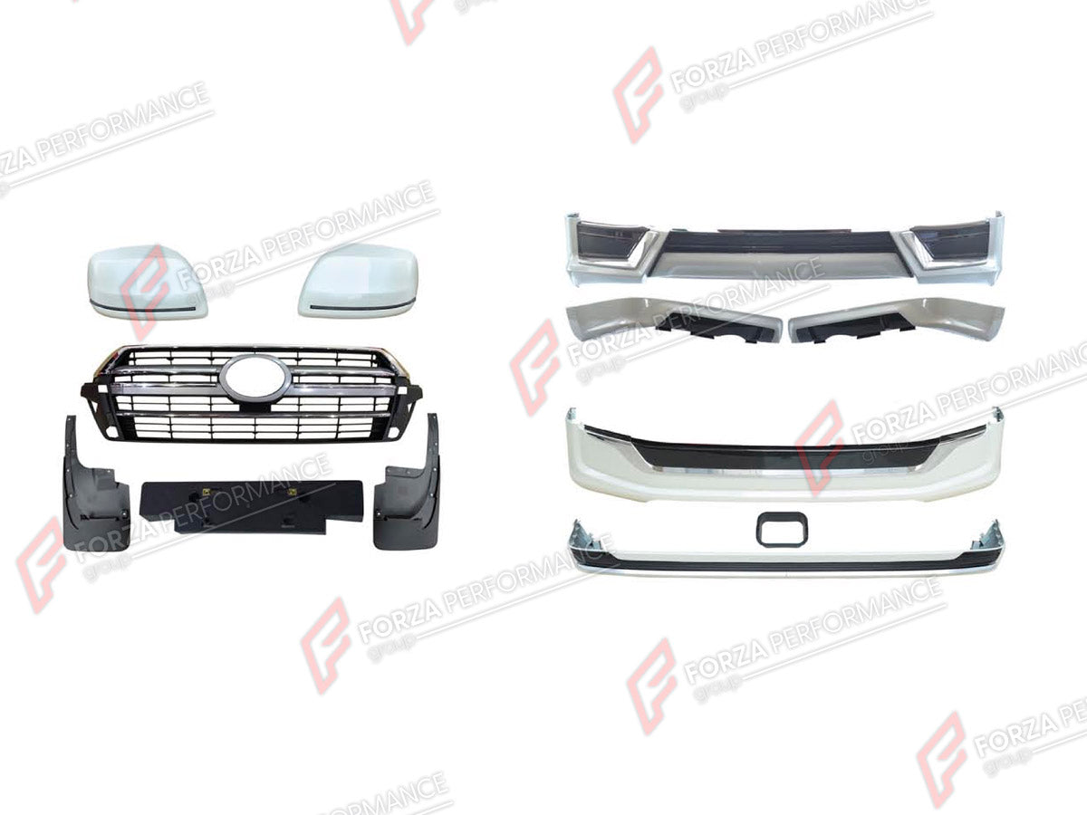 BODY KIT for TOYOTA LAND CRUISER 200 FACELIFT 2015 - 2023 FORZA PERFORMANCE custom fit TRD Style
Set includes:

Front Bumper Assembly
Front Grille
License Plate
Side Mirror Covers
Rear Bumper Assembly
Exhaust Tip
Material: Plastic

NOTE: Professional installation is required.