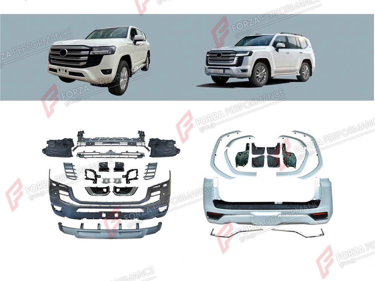 BODY KIT for Toyota Land Cruiser 300 2021+
Set includes:

Front Lip
Front Bumper Assembly
Fender Flares
Rear Bumper Assembly
Mud Flaps
Material: Plastic

NOTE: Professional installation is required.