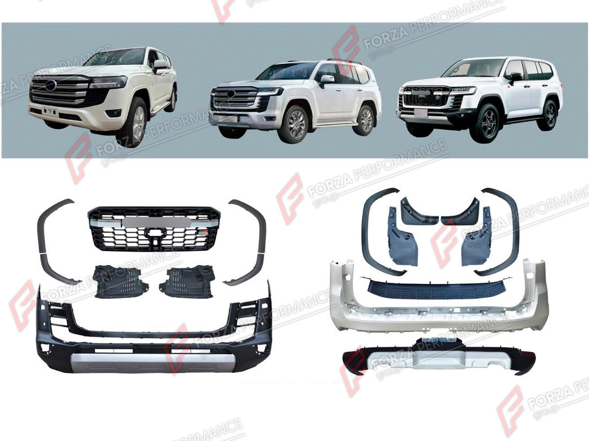 BODY KIT for TOYOTA LAND CRUISER 300 2021+ FORZA PERFORMANCE custom fit GR Sport Style
Set includes:

Front Bumper Assembly
Front Grille
Fender Flares
Rear Bumper Assembly
Rear Diffuser
Mud Flaps
Material: Plastic

NOTE: Professional installation is required.