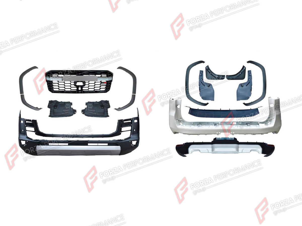 BODY KIT for TOYOTA LAND CRUISER 300 2021+ FORZA PERFORMANCE custom fit GR Sport Style
Set includes:

Front Bumper Assembly
Front Grille
Fender Flares
Rear Bumper Assembly
Rear Diffuser
Mud Flaps
Material: Plastic

NOTE: Professional installation is required.