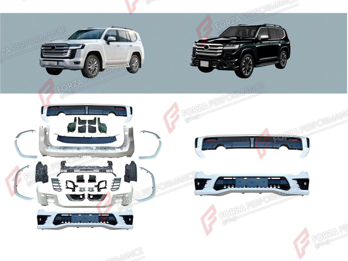 BODY KIT for TOYOTA LAND CRUISER 300 2021+ FORZA PERFORMANCE custom fit Middle East Style
Set includes:

Front Bumper Assembly
Front Grille
Fender Flares
Rear Bumper Assembly
Mud Flaps
Material: Plastic

NOTE: Professional installation is required.