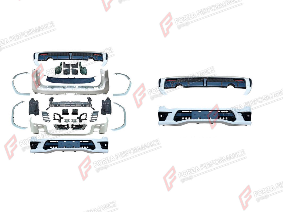 BODY KIT for TOYOTA LAND CRUISER 300 2021+ FORZA PERFORMANCE custom fit Middle East Style
Set includes:

Front Bumper Assembly
Front Grille
Fender Flares
Rear Bumper Assembly
Mud Flaps
Material: Plastic

NOTE: Professional installation is required.