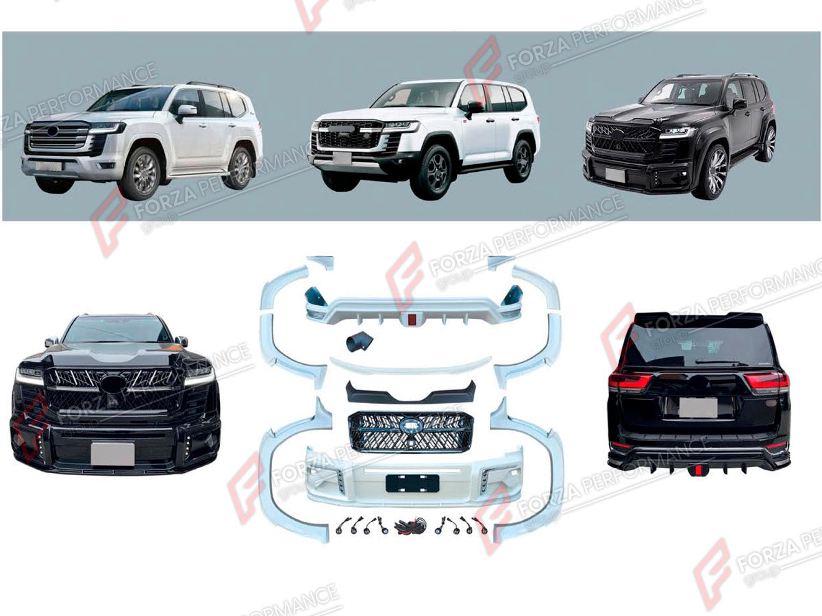 BODY KIT for TOYOTA LAND CRUISER 300 2021+ FORZA PERFORMANCE custom fit WALD Style
Set includes:

Front Lip
Front Bumper Assembly
Front Grille
Fender Flares
Rear Diffuser
Exhaust Tip
Material: Plastic

NOTE: Professional installation is required.