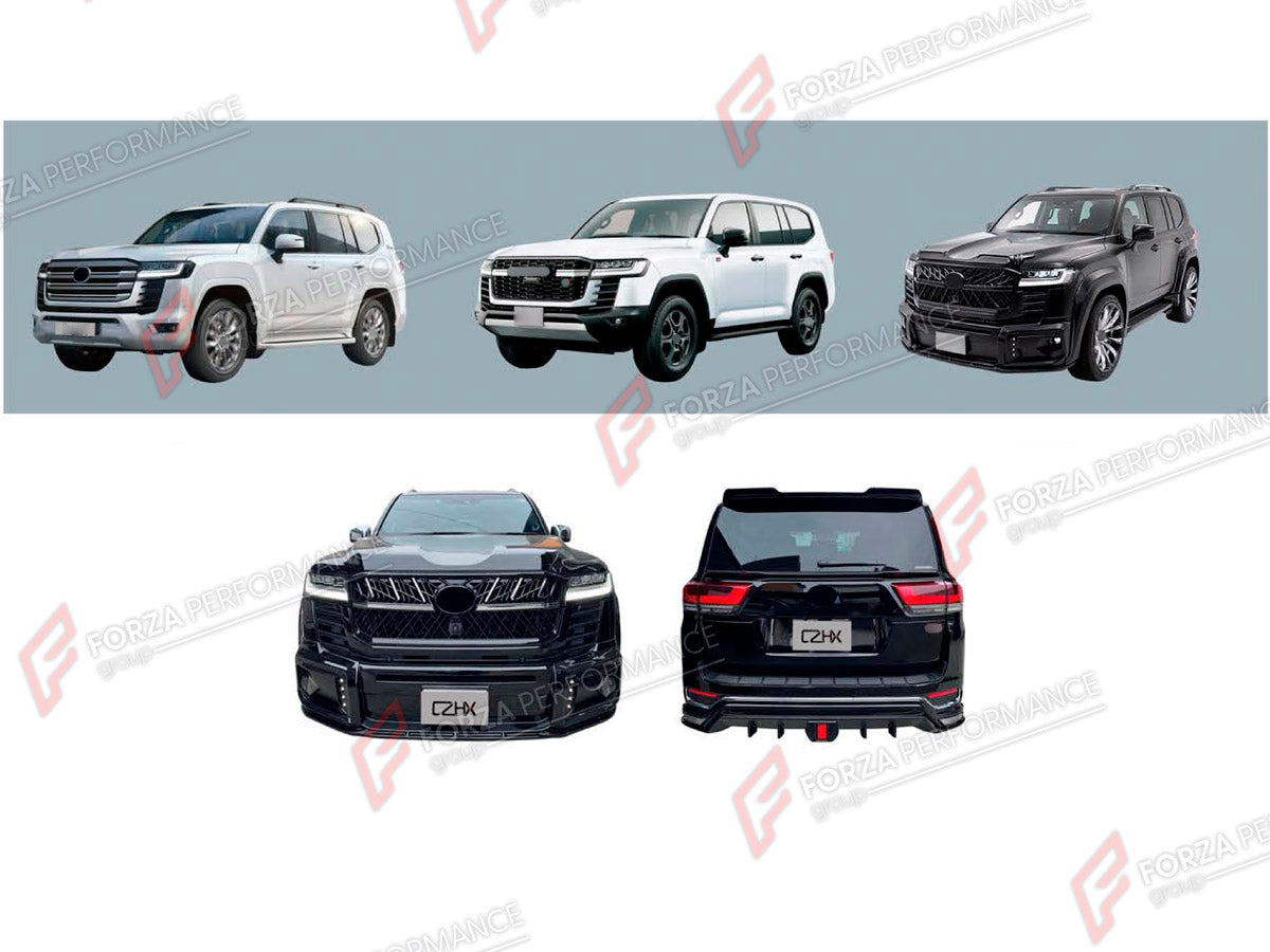 BODY KIT for TOYOTA LAND CRUISER 300 2021+ FORZA PERFORMANCE custom fit WALD Style
Set includes:

Front Lip
Front Bumper Assembly
Front Grille
Fender Flares
Rear Diffuser
Exhaust Tip
Material: Plastic

NOTE: Professional installation is required.