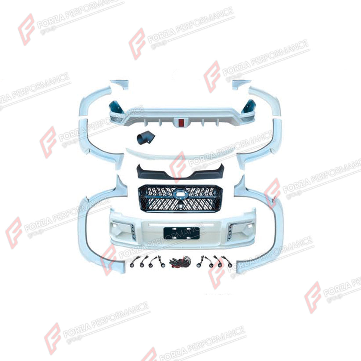 BODY KIT for TOYOTA LAND CRUISER 300 2021+ FORZA PERFORMANCE custom fit WALD Style
Set includes:

Front Lip
Front Bumper Assembly
Front Grille
Fender Flares
Rear Diffuser
Exhaust Tip
Material: Plastic

NOTE: Professional installation is required.