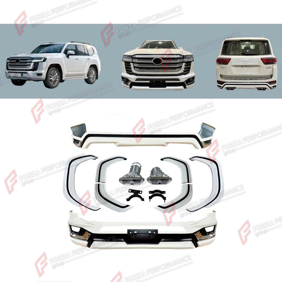 BODY KIT for TOYOTA LAND CRUISER 300 2021+ FORZA PERFORMANCE custom fit Modellista Style
Set includes:

Front Bumper
Fender Flares
Rear Bumper
Exhaust Tips
Material: Plastic

NOTE: Professional installation is required.