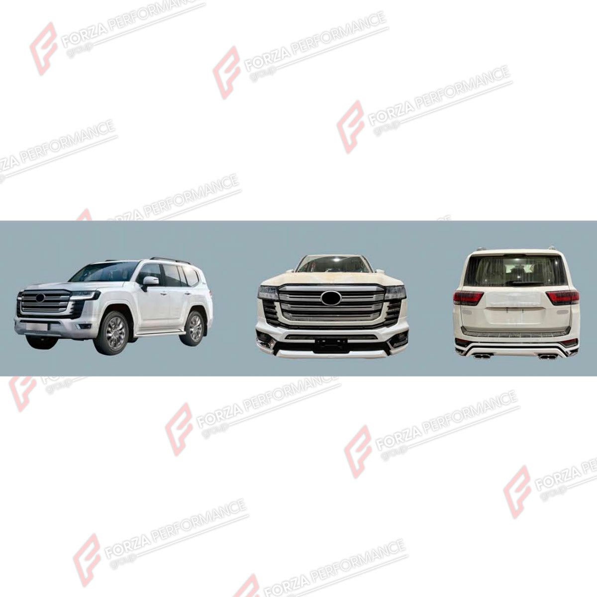 BODY KIT for TOYOTA LAND CRUISER 300 2021+ FORZA PERFORMANCE custom fit Modellista Style
Set includes:

Front Bumper
Fender Flares
Rear Bumper
Exhaust Tips
Material: Plastic

NOTE: Professional installation is required.
