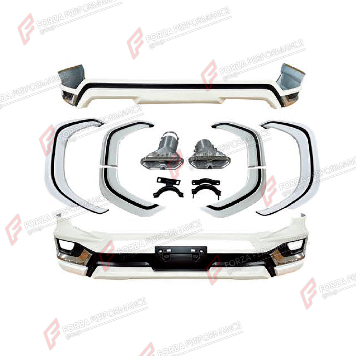 BODY KIT for TOYOTA LAND CRUISER 300 2021+ FORZA PERFORMANCE custom fit Modellista Style
Set includes:

Front Bumper
Fender Flares
Rear Bumper
Exhaust Tips
Material: Plastic

NOTE: Professional installation is required.