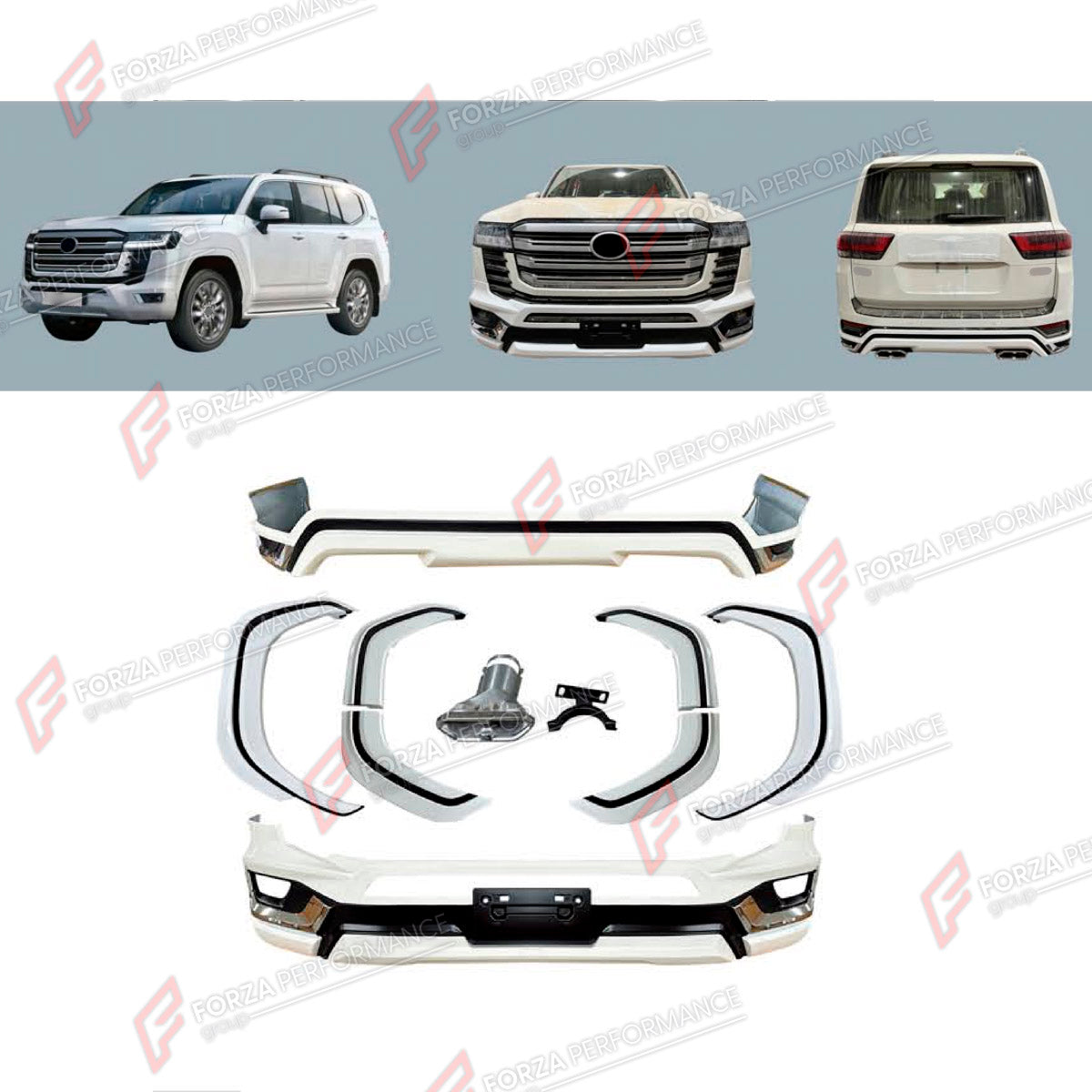 BODY KIT for TOYOTA LAND CRUISER 300 2021+ FORZA PERFORMANCE custom fit Modellista Style
Set includes:

Front Bumper
Fender Flares
Rear Bumper
Exhaust Tip
Material: Plastic

NOTE: Professional installation is required.