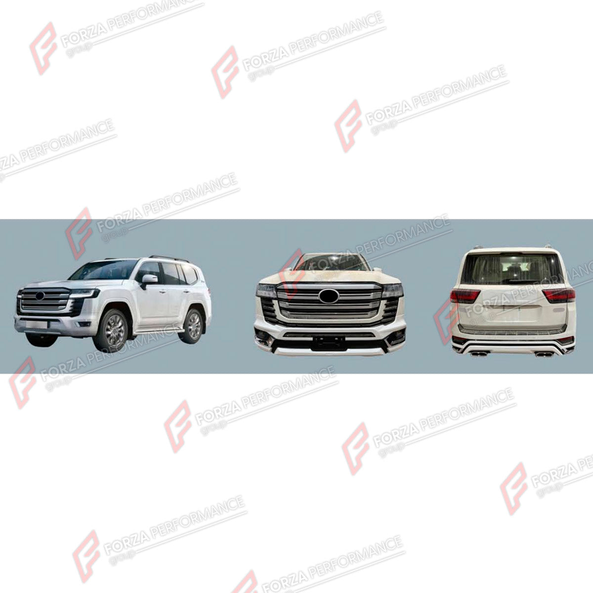 BODY KIT for TOYOTA LAND CRUISER 300 2021+ FORZA PERFORMANCE custom fit Modellista Style
Set includes:

Front Bumper
Fender Flares
Rear Bumper
Exhaust Tip
Material: Plastic

NOTE: Professional installation is required.