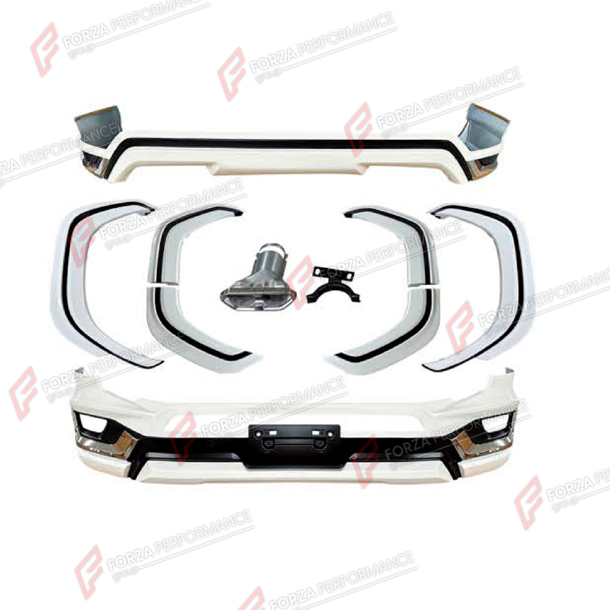 BODY KIT for TOYOTA LAND CRUISER 300 2021+ FORZA PERFORMANCE custom fit Modellista Style
Set includes:

Front Bumper
Fender Flares
Rear Bumper
Exhaust Tip
Material: Plastic

NOTE: Professional installation is required.