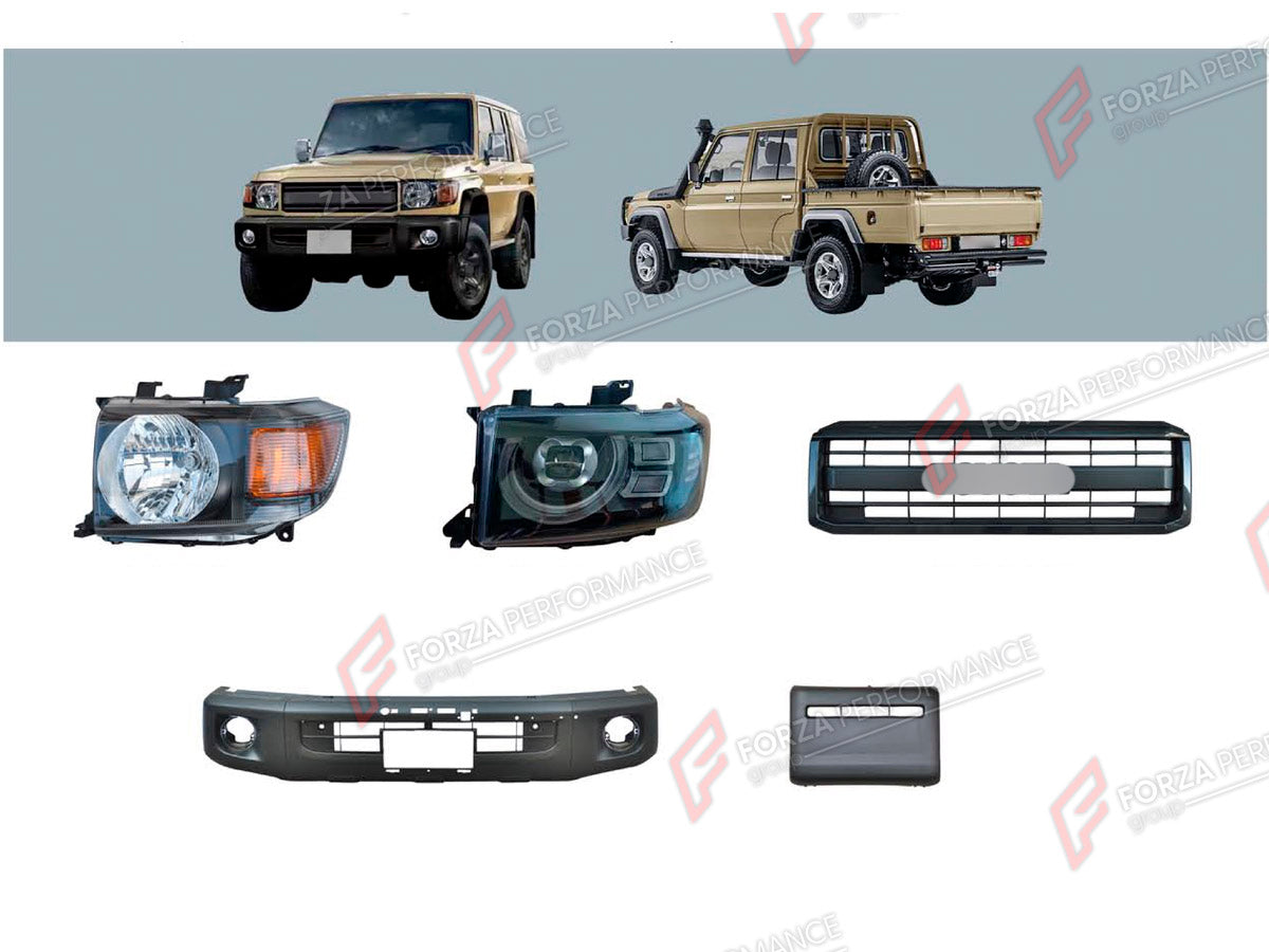 BODY KIT for TOYOTA LAND CRUISER 79 2021+

Set includes:
Headlights
Front Grille
Front Bumper

Material: Plastic

NOTE: Professional installation is required.