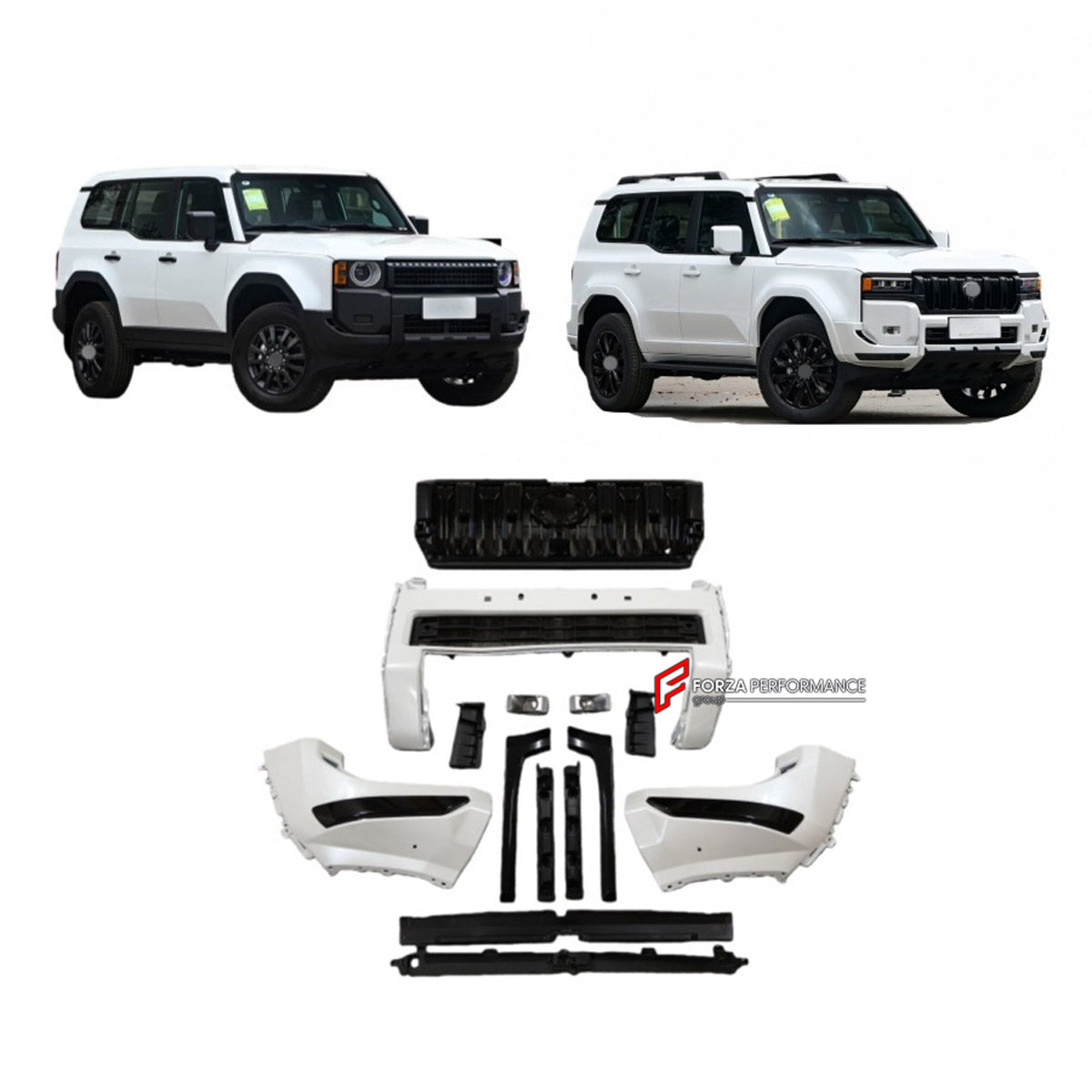 BODY KIT for TOYOTA LAND CRUISER PRADO 250 2023+ FORZA PERFORMANCE custom fit VX Style
Set includes:

Front Lip
Front Bumper
Front Grille
Side Skirts
Material: Plastic

NOTE: Professional installation is required.