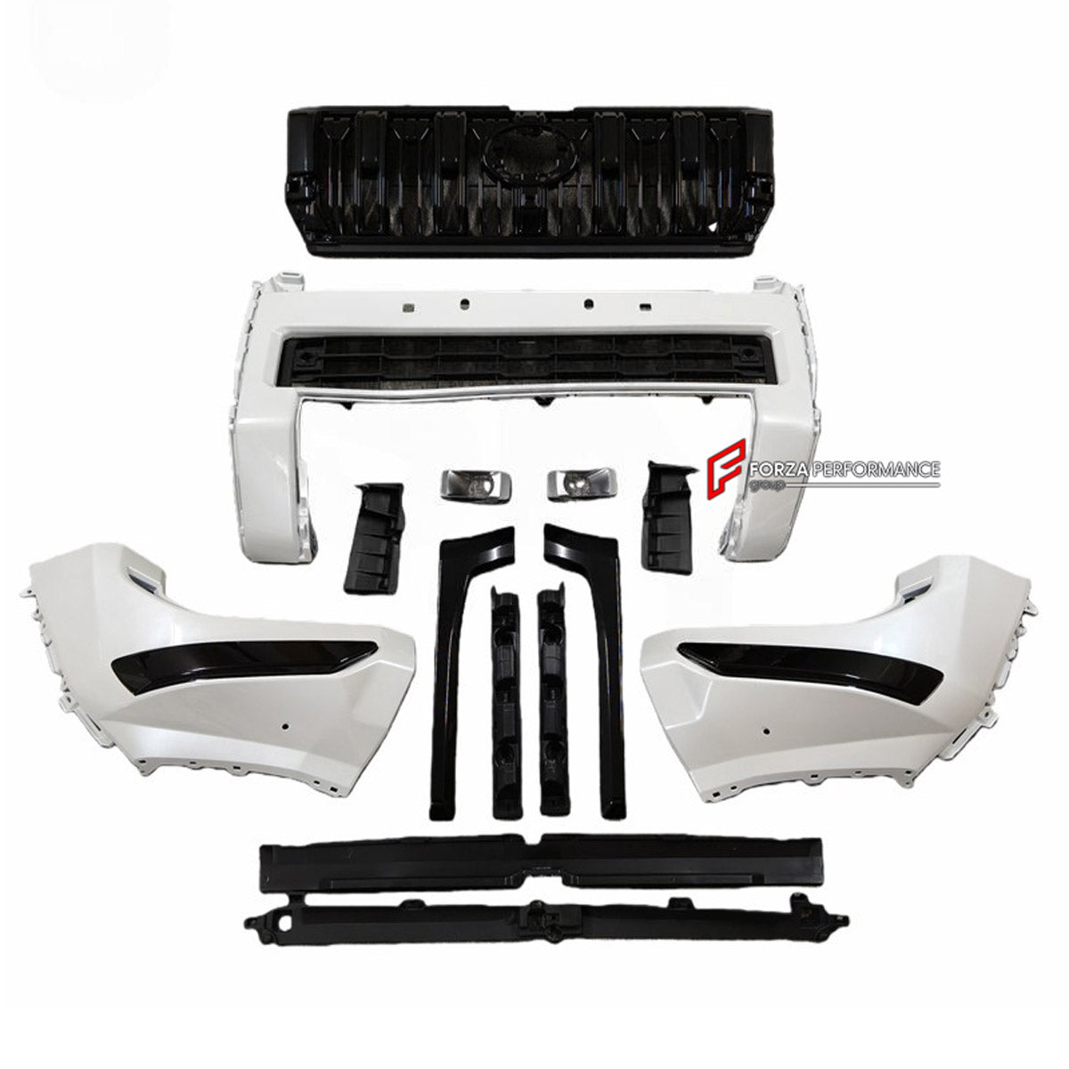 BODY KIT for TOYOTA LAND CRUISER PRADO 250 2023+ FORZA PERFORMANCE custom fit VX Style
Set includes:

Front Lip
Front Bumper
Front Grille
Side Skirts
Material: Plastic

NOTE: Professional installation is required.