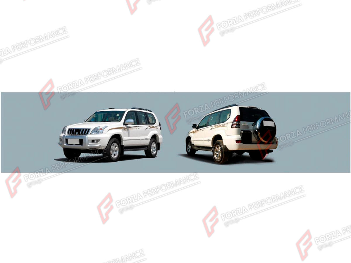 BODY KIT for TOYOTA LAND CRUISER PRADO 120 2002 - 2009

Set includes:
Front Bumper
Front Grille
Tail Lights
LED Tail Lights
Spare Wheel Tire Cover
Electric Side Steps With LED Lights

Material: Plastic

NOTE: Professional installation is required.