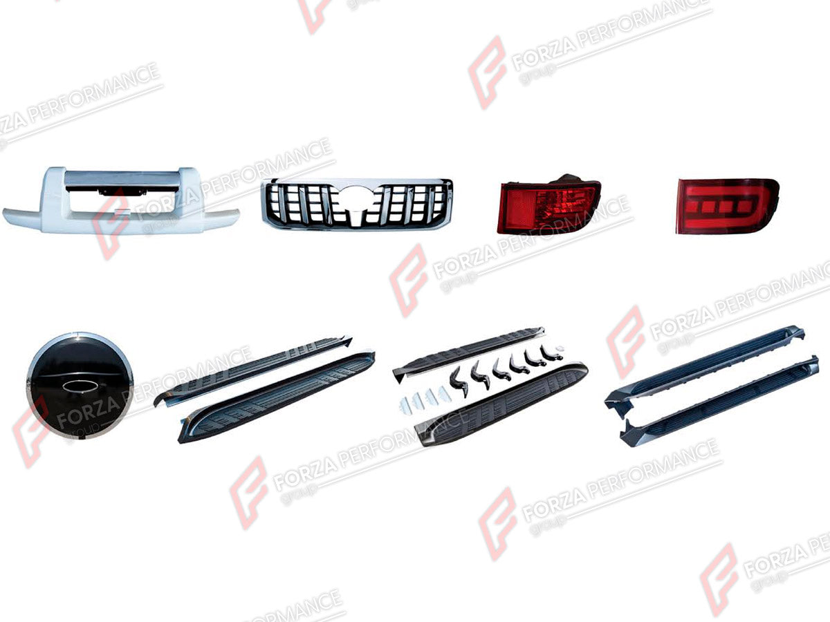 BODY KIT for TOYOTA LAND CRUISER PRADO 120 2002 - 2009

Set includes:
Front Bumper
Front Grille
Tail Lights
LED Tail Lights
Spare Wheel Tire Cover
Electric Side Steps With LED Lights

Material: Plastic

NOTE: Professional installation is required.