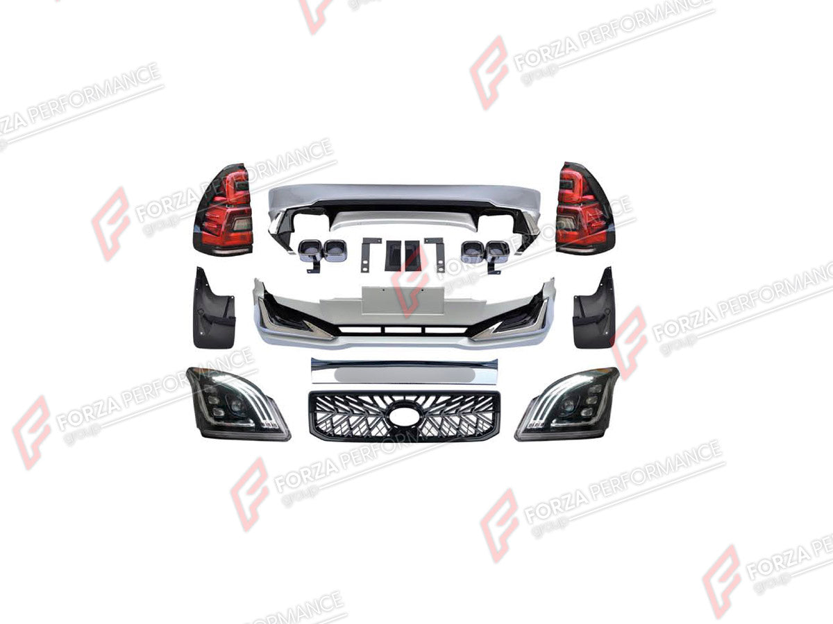 BODY KIT for TOYOTA LAND CRUISER PRADO 120 2002 - 2009 FORZA PERFORMANCE custom fit TRD Style
Set includes:

Front Bumper Assembly
Front Grille
Headlights
Tail Lights
Rear Bumper Assembly
Exhaust Tips
Material: Plastic

NOTE: Professional installation is required.