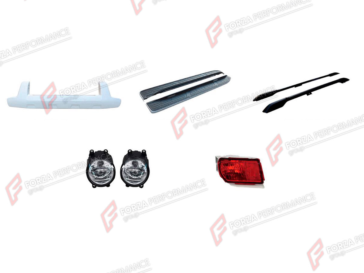 BODY KIT for TOYOTA LAND CRUISER PRADO 150 2009 - 2016

Set includes:
Front Bumper
Side Steps
Roof Rack Side Rails
Fog Lights
Tail Lights

Material: Plastic

NOTE: Professional installation is required.