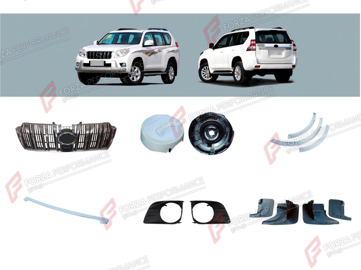 BODY KIT for TOYOTA LAND CRUISER PRADO 150 2009 - 2016

Set includes:
Front Grille
Spare Wheel Tire Cover
Spare Wheel Tire Cover Moldings
Hood Panel Trim
Fog Lights Covers
Mud Flaps

Material: Plastic

NOTE: Professional installation is required.
