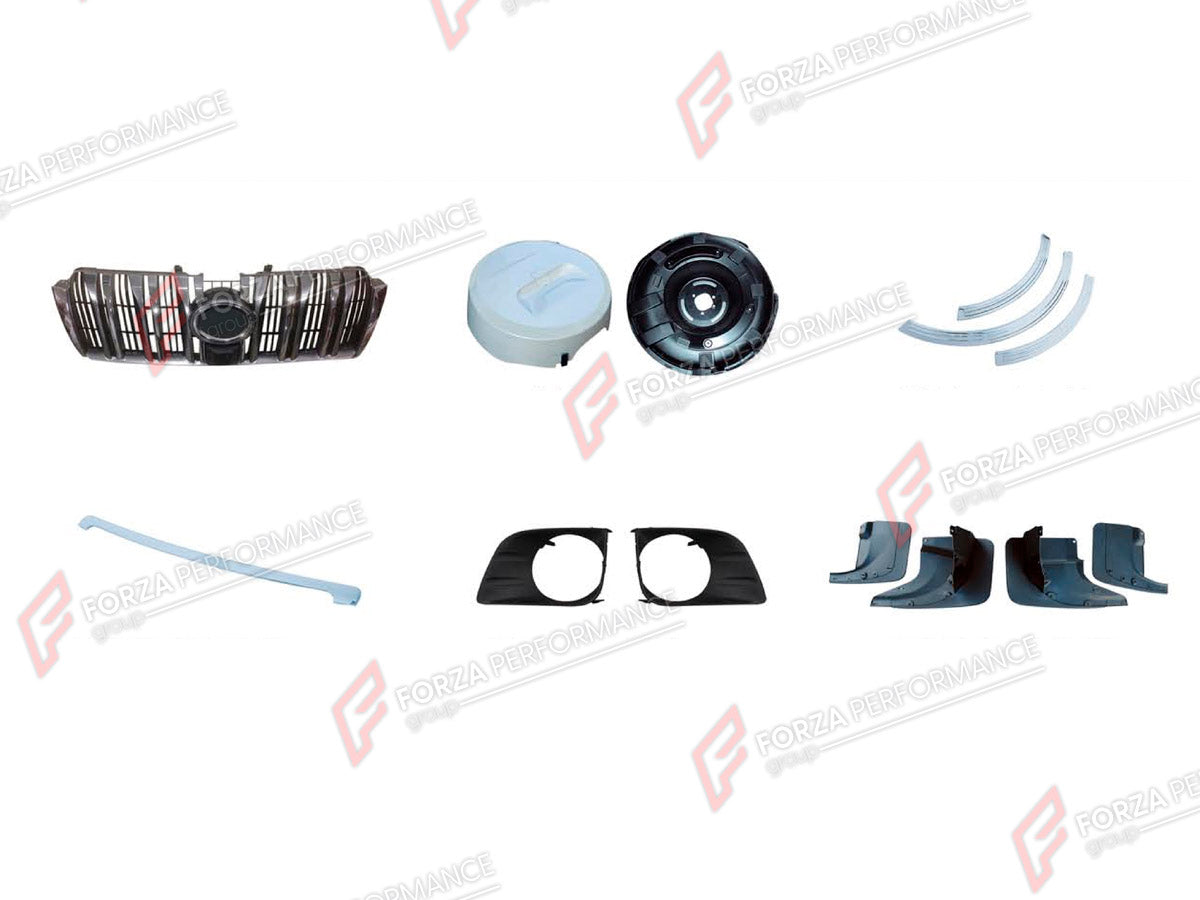 BODY KIT for TOYOTA LAND CRUISER PRADO 150 2009 - 2016

Set includes:
Front Grille
Spare Wheel Tire Cover
Spare Wheel Tire Cover Moldings
Hood Panel Trim
Fog Lights Covers
Mud Flaps

Material: Plastic

NOTE: Professional installation is required.