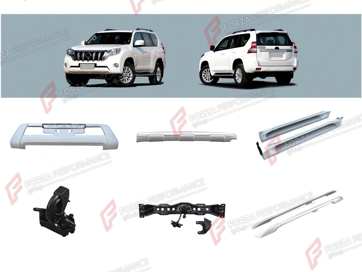 BODY KIT for TOYOTA LAND CRUISER PRADO 150 2009 - 2016

Set includes:
Front Bumper
Rear Bumper
Side Steps
Trailer Hitch Ball Hook
Spare Tire Carrier
Roof Rack Side Rails

Material: Plastic

NOTE: Professional installation is required.