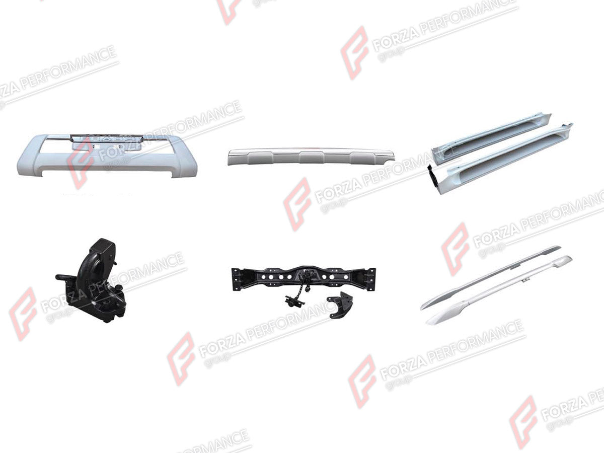 BODY KIT for TOYOTA LAND CRUISER PRADO 150 2009 - 2016

Set includes:
Front Bumper
Rear Bumper
Side Steps
Trailer Hitch Ball Hook
Spare Tire Carrier
Roof Rack Side Rails

Material: Plastic

NOTE: Professional installation is required.