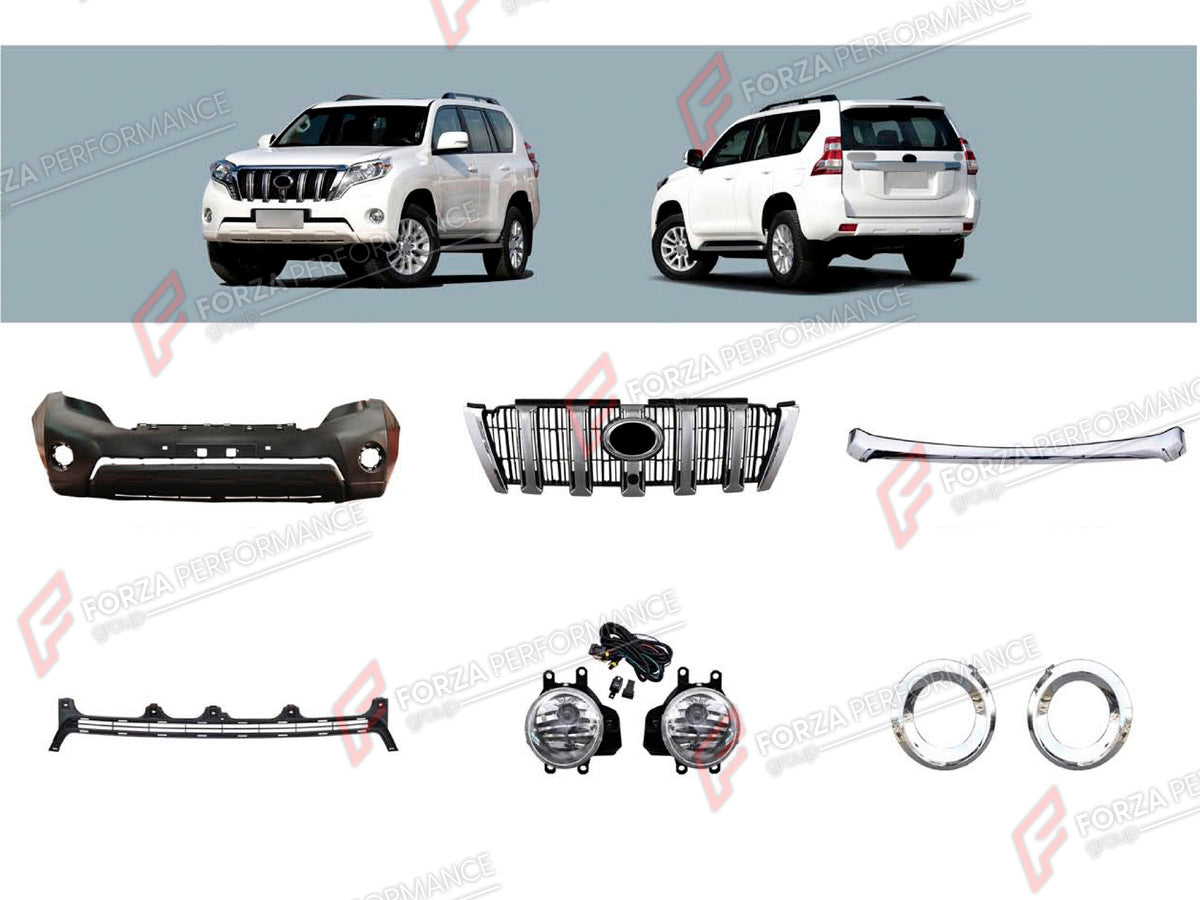 BODY KIT for TOYOTA LAND CRUISER PRADO 150 2009 - 2016

Set includes:
Front Bumper
Front Grille
Hood Panel Trim
Fog Lights
Fog Lights Covers

Material: Plastic

NOTE: Professional installation is required.