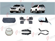BODY KIT for TOYOTA LAND CRUISER PRADO 150 2009 - 2016

Set includes:
Hood Sound Insulation Mat
Mud Flaps
Side Mirror Covers
Spare Wheel Tire Cover
Front Bumper Bracket
Rear Bumper Bracket

Material: Plastic

NOTE: Professional installation is required.
