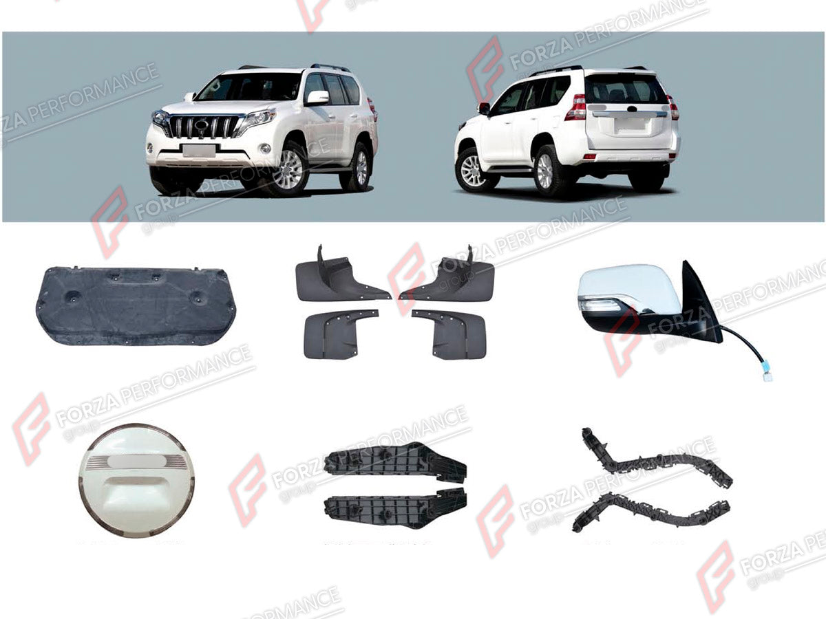 BODY KIT for TOYOTA LAND CRUISER PRADO 150 2009 - 2016

Set includes:
Hood Sound Insulation Mat
Mud Flaps
Side Mirror Covers
Spare Wheel Tire Cover
Front Bumper Bracket
Rear Bumper Bracket

Material: Plastic

NOTE: Professional installation is required.