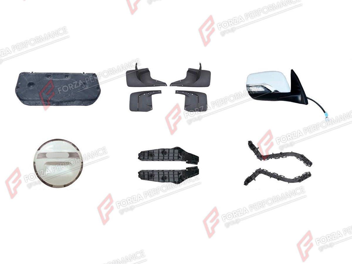 BODY KIT for TOYOTA LAND CRUISER PRADO 150 2009 - 2016

Set includes:
Hood Sound Insulation Mat
Mud Flaps
Side Mirror Covers
Spare Wheel Tire Cover
Front Bumper Bracket
Rear Bumper Bracket

Material: Plastic

NOTE: Professional installation is required.