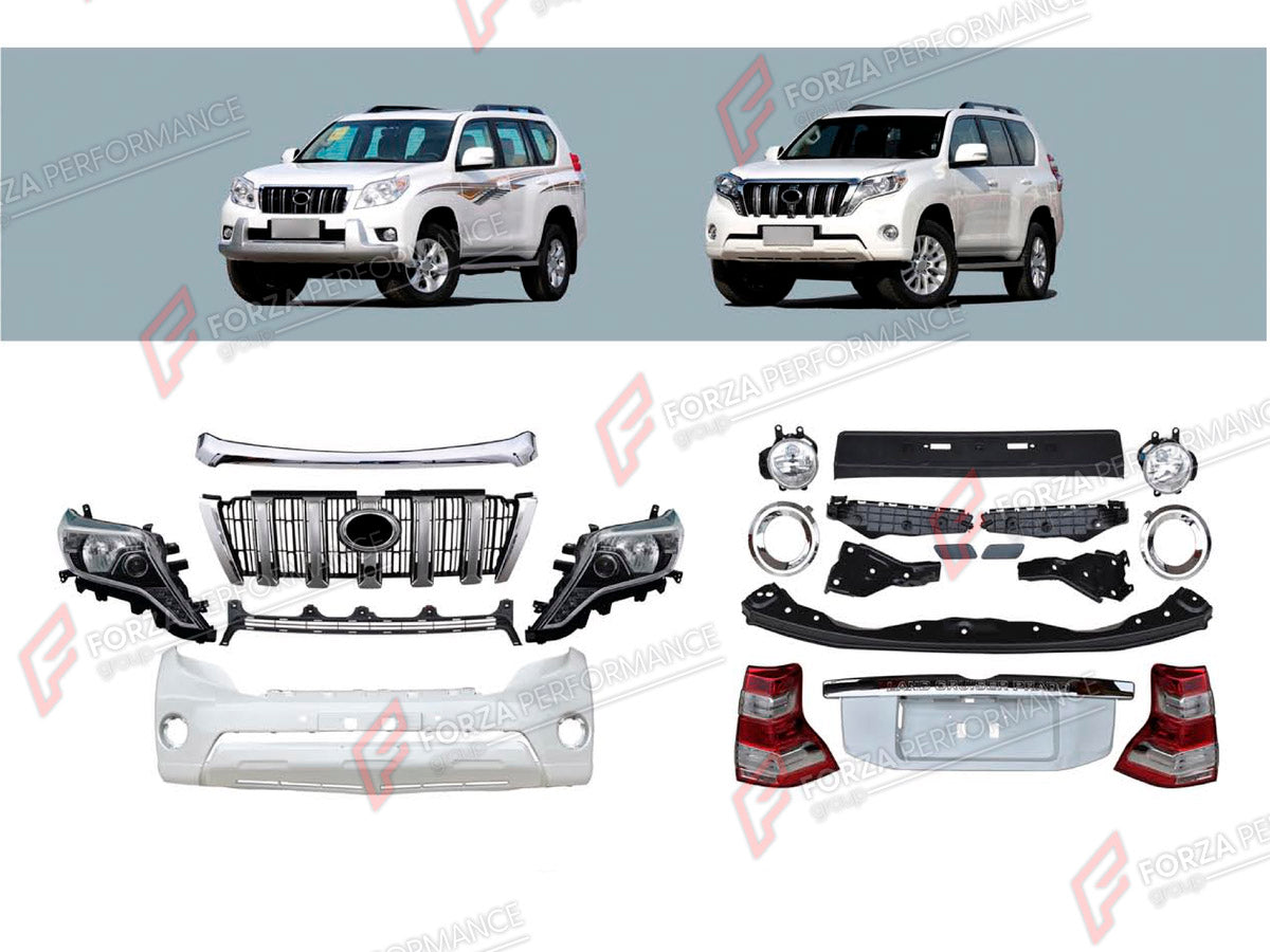 BODY KIT for TOYOTA LAND CRUISER PRADO 150 2009 - 2016

Set includes:
Front Bumper Assembly
Front Grille
Headlights
Tail Lights
Tail Light Covers
Rear Bumper Assembly

Material: Plastic

NOTE: Professional installation is required.