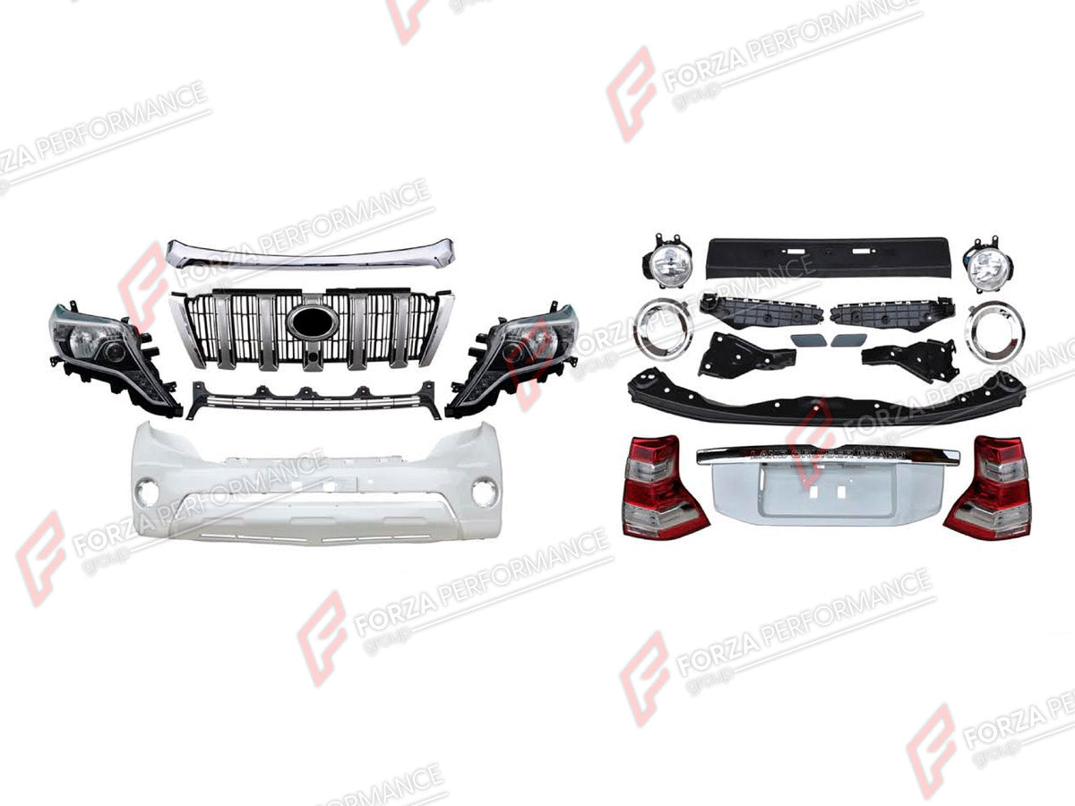 BODY KIT for TOYOTA LAND CRUISER PRADO 150 2009 - 2016

Set includes:
Front Bumper Assembly
Front Grille
Headlights
Tail Lights
Tail Light Covers
Rear Bumper Assembly

Material: Plastic

NOTE: Professional installation is required.