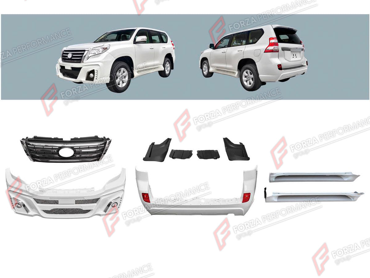 BODY KIT for TOYOTA LAND CRUISER PRADO 150 2009 - 2016

Set includes:
Front Grille
Front Bumper Assembly
Rear Bumper Assembly
Side Steps

Material: Plastic

NOTE: Professional installation is required.