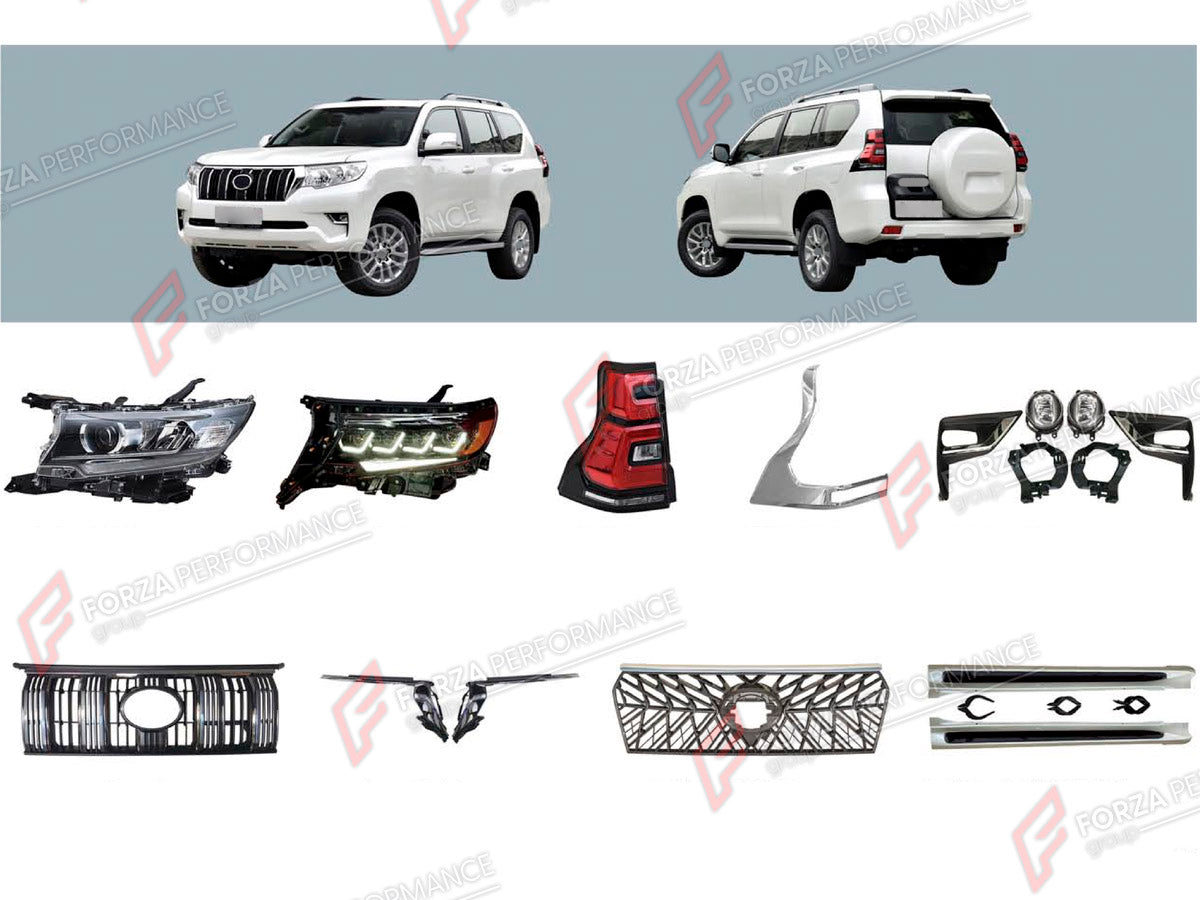BODY KIT for TOYOTA LAND CRUISER PRADO 150 FACELIFT 2017 - 2024 FORZA PERFORMANCE custom fit TRD Style

Set includes:
Headlights
Headlight Covers
Tail Lights
Tail Light Covers
Fog Lights
Fog Lights Covers
Front Grille
Side Steps

Material: Plastic

NOTE: Professional installation is required.