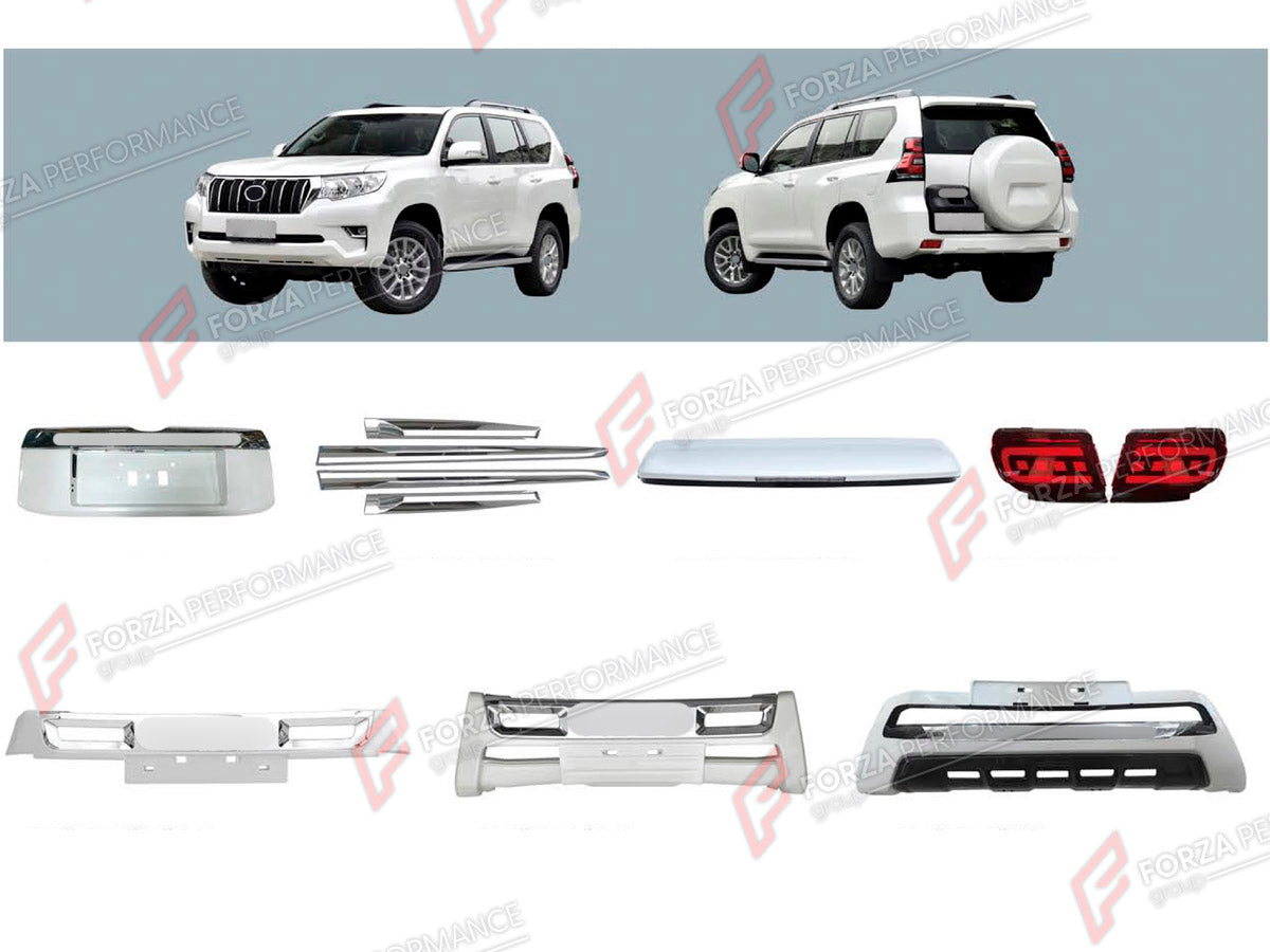 BODY KIT for TOYOTA LAND CRUISER PRADO 150 FACELIFT 2017 - 2024

Set includes:
Front Bumper
LED Headlights
Body Side Door Moldings
License Plate
Rear Spoiler
Tail Lights

Material: Plastic

NOTE: Professional installation is required.