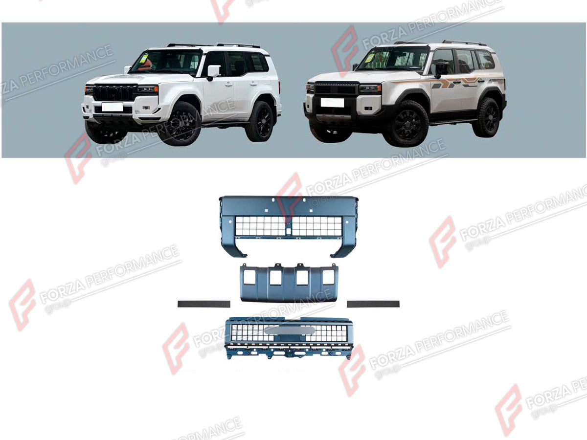 FRONT BUMPER ASSEMBLY for TOYOTA LAND CRUISER PRADO 250 2023+ FORZA PERFORMANCE custom fit WX Sport Style
Set includes:

Front Bumper Assembly
Front Grille
Material: Plastic

NOTE: Professional installation is required.