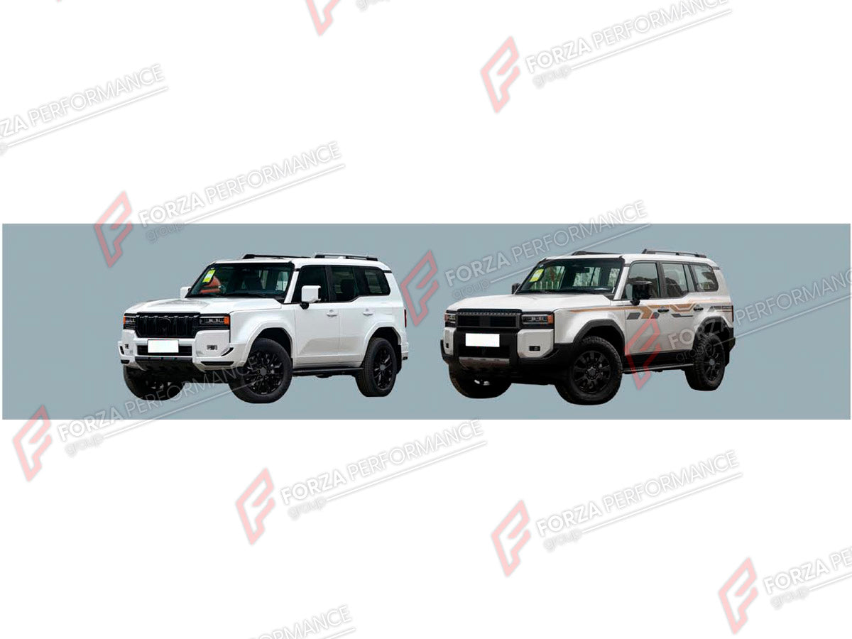 FRONT BUMPER ASSEMBLY for TOYOTA LAND CRUISER PRADO 250 2023+ FORZA PERFORMANCE custom fit WX Sport Style
Set includes:

Front Bumper Assembly
Front Grille
Material: Plastic

NOTE: Professional installation is required.
