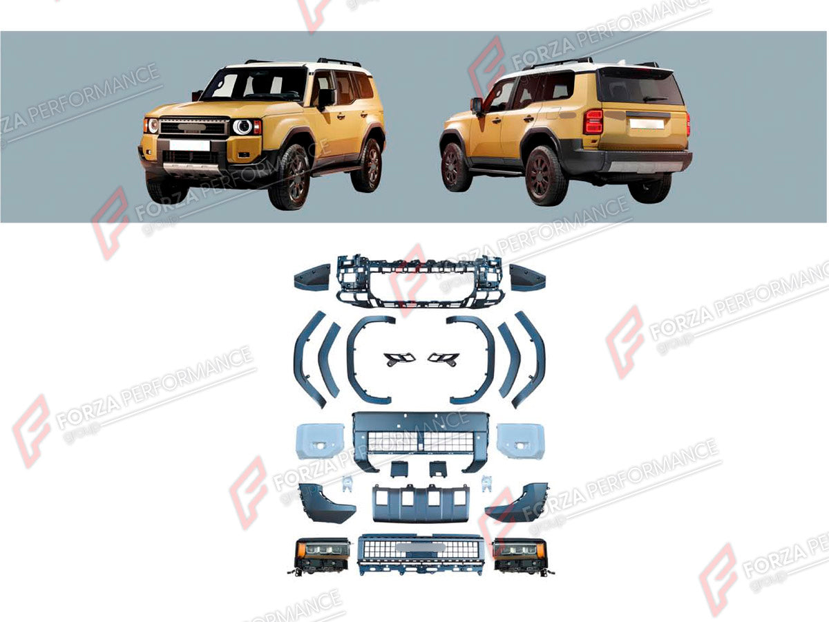 BODY KIT for TOYOTA LAND CRUISER PRADO 250 2023+ FORZA PERFORMANCE custom fit High Vision Style
Set includes:

Front Bumper Assembly
Front Grille
Headlights
Fender Flares
Rear Bumper Assembly
Material: Plastic

NOTE: Professional installation is required.
