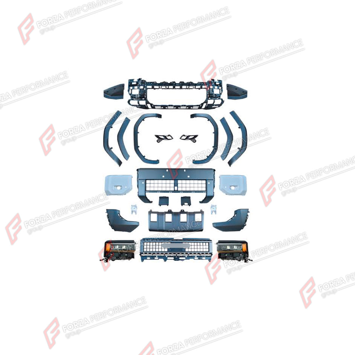 BODY KIT for TOYOTA LAND CRUISER PRADO 250 2023+ FORZA PERFORMANCE custom fit High Vision Style
Set includes:

Front Bumper Assembly
Front Grille
Headlights
Fender Flares
Rear Bumper Assembly
Material: Plastic

NOTE: Professional installation is required.