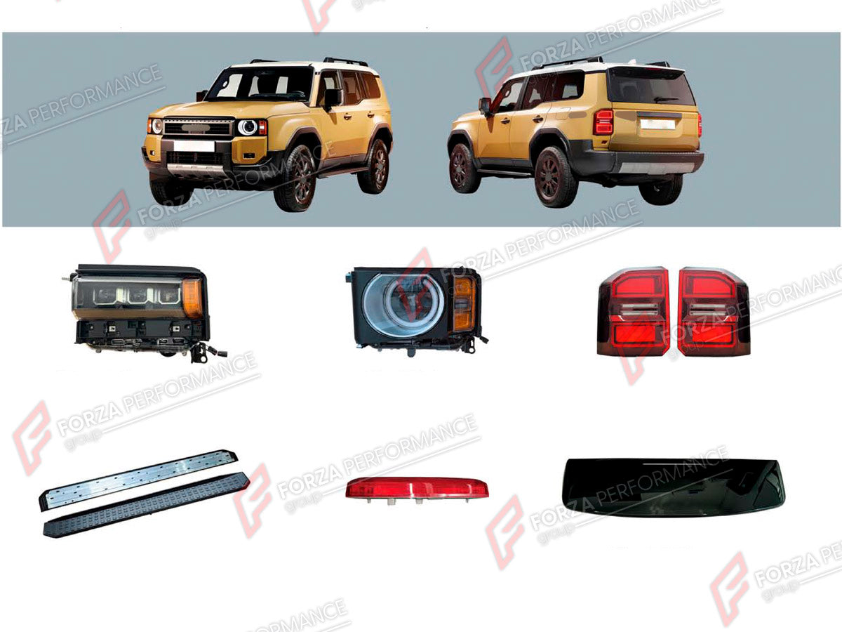 BODY KIT for Toyota Land Cruiser Prado 250 2023+
Set includes:

Headlights
Tail Lights
Side Steps
Stop Signal Light
Roof Spoiler
Material: Plastic

NOTE: Professional installation is required.